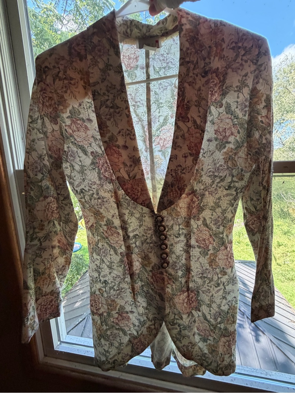 VTG 90s Scarlett White Floral Equestrian Peplum Jacket Pearl Gold Buttons